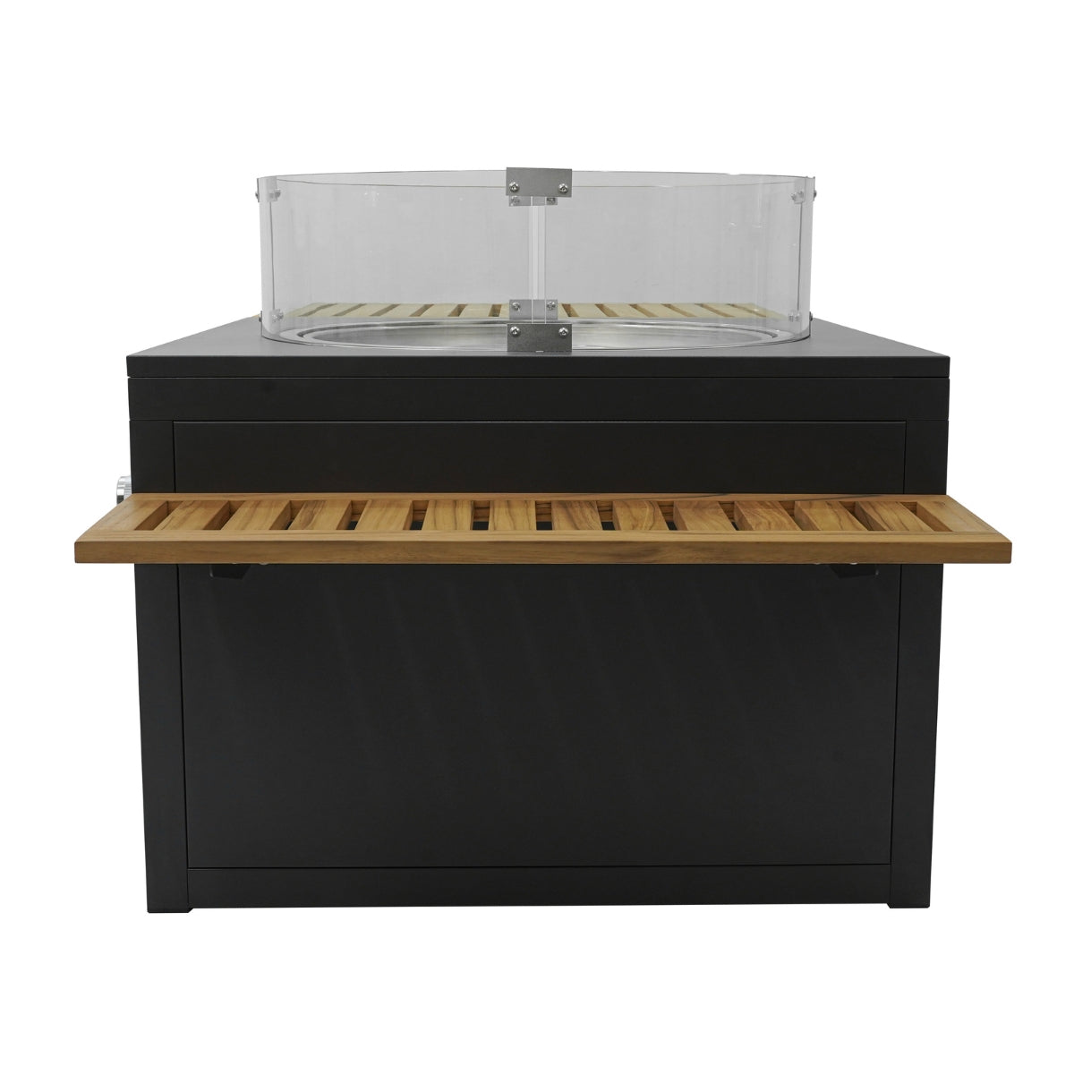 STUFA CAMINETTO A GAS DA ESTERNO IN ALLUMINIO E TEAK CON TAVOLO INTEGRATO - HELSINKI