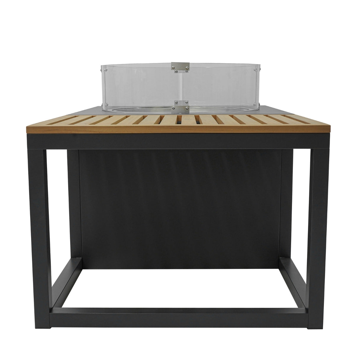 STUFA CAMINETTO A GAS DA ESTERNO IN ALLUMINIO E TEAK CON TAVOLO INTEGRATO - HELSINKI