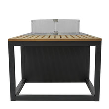 STUFA CAMINETTO A GAS DA ESTERNO IN ALLUMINIO E TEAK CON TAVOLO INTEGRATO - HELSINKI