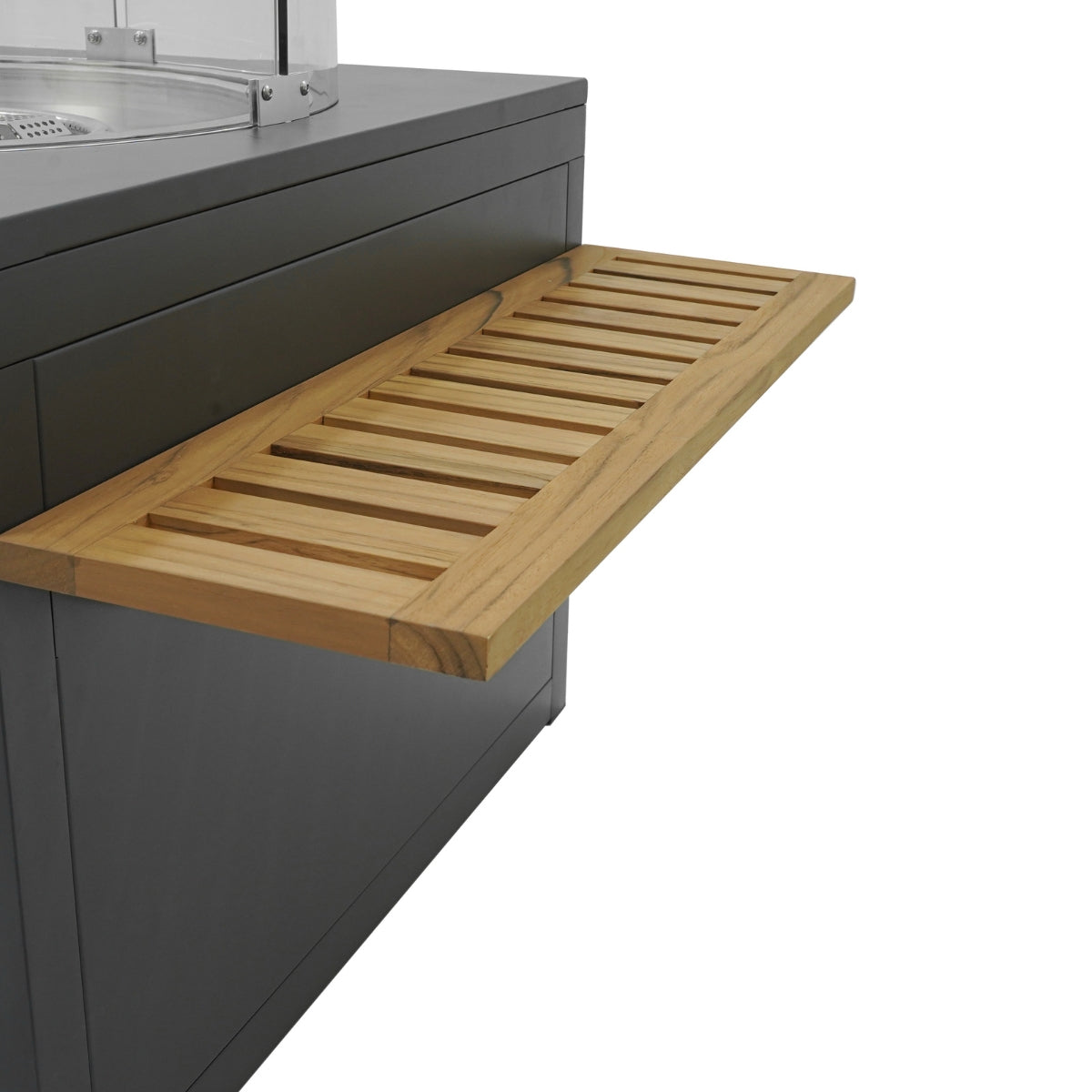 STUFA CAMINETTO A GAS DA ESTERNO IN ALLUMINIO E TEAK CON TAVOLO INTEGRATO - HELSINKI